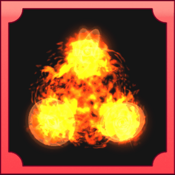 Three fiery orbs arranged in a triangle on a black background with a red border
