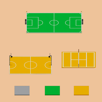 Top-down view of three sports courts: a green soccer field, a yellow basketball court, and a yellow tennis court.