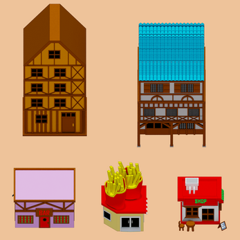 Five stylized building icons, including medieval houses, a bar, a shop, and a building with fries on the roof.