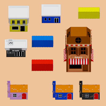 Nine colorful 3D building models, including houses, shops, and containers, arranged on a tan background.