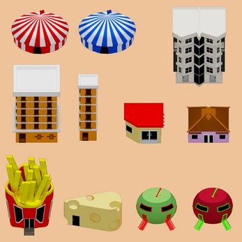 Twelve stylized 3D buildings, including tents, apartments, houses, and novelty structures like fries, cheese, and apples.