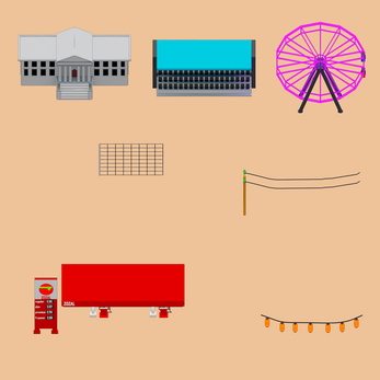 Various illustrated objects including a courthouse, keyboard, Ferris wheel, grid, power lines, gas pump, truck trailer, and string lights on a tan background.