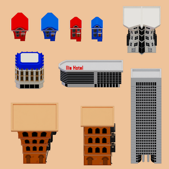 Top-down and isometric views of various stylized buildings, including houses, hotels, and high-rises on a beige background.