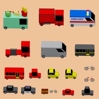 Grid of stylized vehicle icons including trucks, vans, buses, taxis, police car, ambulance, and bicycles on a tan background.