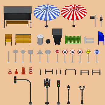 Collection of isometric city props including benches, umbrellas, signs, traffic lights, and street furniture on a tan background.