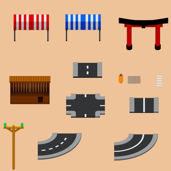 Set of illustrated Japanese street assets including market stalls, a torii gate, road segments, and a utility pole.