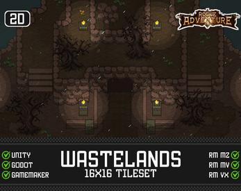 Pixel art tileset of a dark wasteland with dead trees, stone paths, and lit torches, labeled for 2D games.