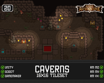 Pixel art cavern tileset with torches, treasure chests, and stone walls. Text overlay lists supported game engines.