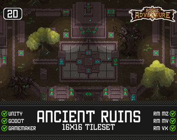 Pixel art tileset of ancient ruins with stone structures, trees, and green accents, labeled for various game engines.