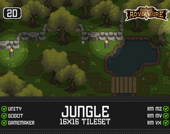 Pixel art jungle tileset with trees, stone walls, torches, a pond, and a wooden bridge, labeled for game engines.