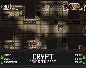 Pixel art tileset of a crypt with stone floors, torches, and tombs, labeled for use in various game engines.