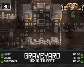 Pixel art graveyard tileset with tombstones, fences, trees, and game engine compatibility icons.