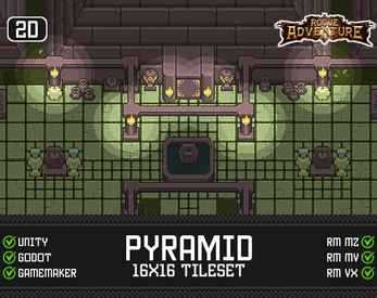 Pixel art pyramid interior with statues, torches, and a central pool, labeled as a 16x16 tileset for game engines.