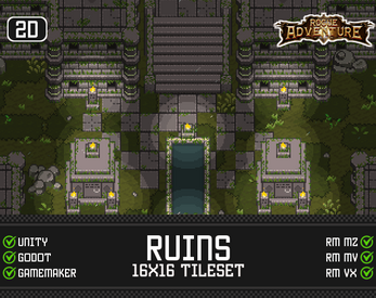 Pixel art tileset of ancient stone ruins with moss, stairs, and water, labeled for use in 2D games.