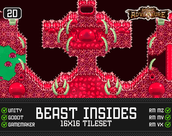 Pixel art tileset of a red, organic cavern with spikes, labeled for use in 2D games like Unity and Godot.