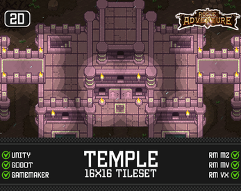 Pixel art temple tileset with torches, platforms, and stone walls, labeled for use in various game engines.