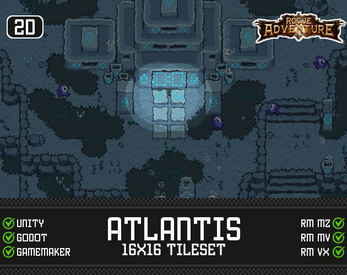 Pixel art tileset of an ancient, glowing blue ruin with overgrown vegetation and stone structures, labeled Atlantis.