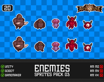 Pixel art enemy sprites including bears with knives, mushrooms, red demons, and flying eyes on a blue checkered background.