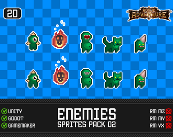 Pixel art enemy sprites on a blue grid background, labeled for use in Unity, Godot, and GameMaker.