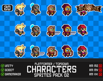 Pixel art sprites of various fantasy characters on a blue grid, with game engine compatibility icons and text overlay.