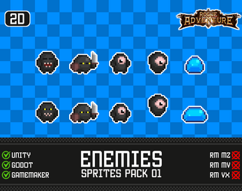 Pixel art enemy sprites including black creatures, cyclopean monsters, and blue slimes on a blue checkered background.