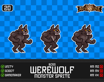 Pixel art werewolf boss sprite in three walking poses on a blue checkered background with game engine compatibility icons.