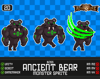 Pixel art of a large, dark bear monster with green markings, shown in three poses on a blue checkered background.