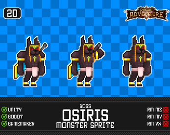Pixel art sprite sheet of Osiris boss character with three poses, blue checkered background, and game engine compatibility icons.