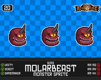 Pixel art of a horned, red monster head with sharp teeth shown in three poses on a blue checkered background.