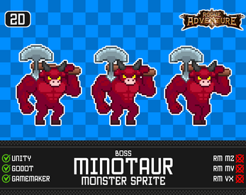 Pixel art of a red minotaur boss with an axe, shown in three poses on a blue checkered background. Game engine compatibility icons and text overlay.
