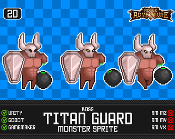 Pixel art of a winged, muscular boss monster holding a bomb, with game engine compatibility icons and text overlays.