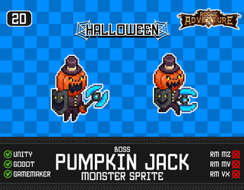 Pixel art of a pumpkin-headed boss monster with a hat and axe, labeled Pumpkin Jack, on a blue checkered background.