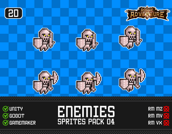 Six pixel art skeleton enemies with shields on a blue checkered background, labeled as a sprite pack for 2D games.