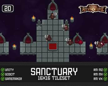 Pixel art tileset preview with armored characters on a gray stone platform, torches, and game engine icons.