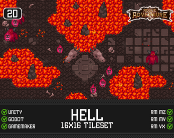 Pixel art tileset with lava pools, stone tiles, bones, and pink monsters for a hell-themed game environment.