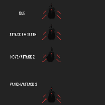 Pixel art sprite sheet of a dark figure with red swords, showing idle, attack, move, and vanish animations.