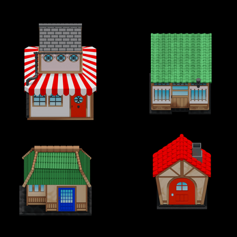 Four colorful, cartoon-style house icons with varied roofs and doors on a black background.