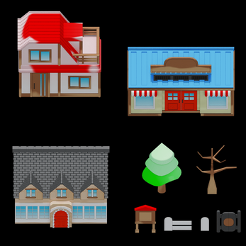 Set of colorful 2D game assets including houses, a shop, trees, a sign, fence, gravestone, and gate on a black background.