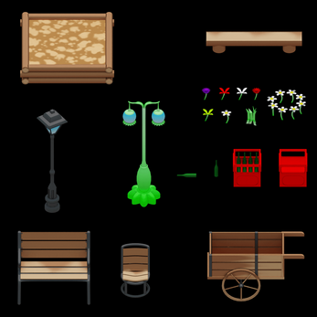 Assorted game asset icons including benches, flowers, street lamps, crates, a cart, and a wooden sign on a black background.