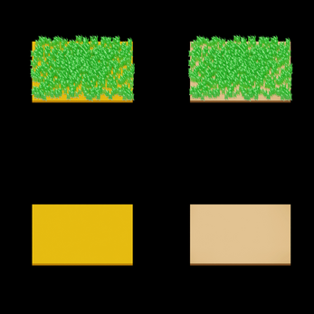 Two pairs of rectangular tiles, each with a grassy top tile above a plain colored tile, on a black background.