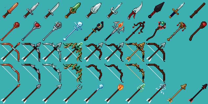 32x32 Fantasy Weapons Part 2 (Daggers, Staves and Bows) by YohkGames