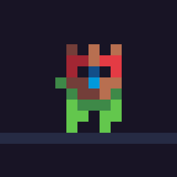 Pixel art alien character with a red mask, blue face, and green body standing on a dark background.