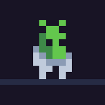 Pixel art alien with green head and antennae in a gray exoskeleton suit on a dark background