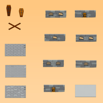 Grid of dungeon-themed 2D game assets including stone walls, barred windows, wooden coffins, and planks on an orange background.