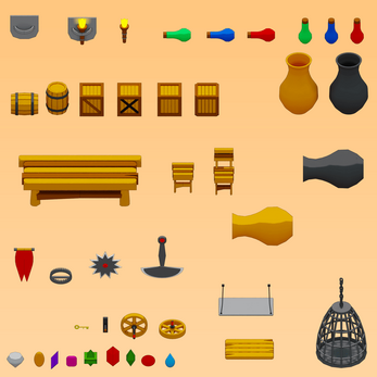 Collection of colorful 2D game asset icons including barrels, crates, benches, potions, traps, and a hanging cage.