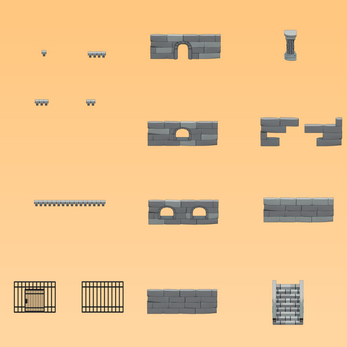 Grid of stone wall and gate sprites on an orange background, including arches, columns, and barred gates.