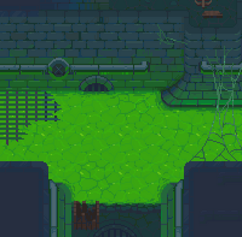 Pixel art sewer scene with green glowing liquid, brick walls, pipes, metal grates, and cobwebs.