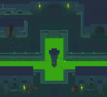 Pixel art dungeon scene with glowing green liquid canals, stone walls, torches, and a central pillar.