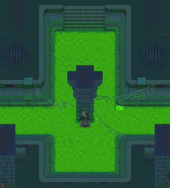 Pixel art game scene of a character in a sewer with green glowing water, stone walls, and metal grates.