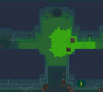 Pixel art game scene of a sewer with green toxic sludge, crates, pipes, and a character in the lower right corner.